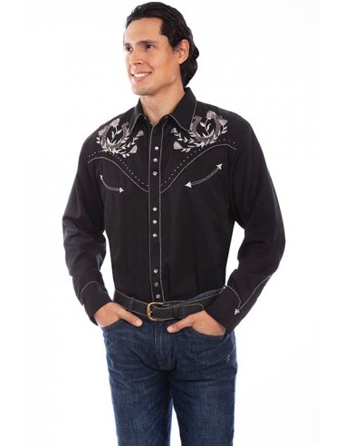 Scully Mens Black Horseshoe & Roses Embroidered Long Sleeve Snap Western Shirt Par le système avancé 