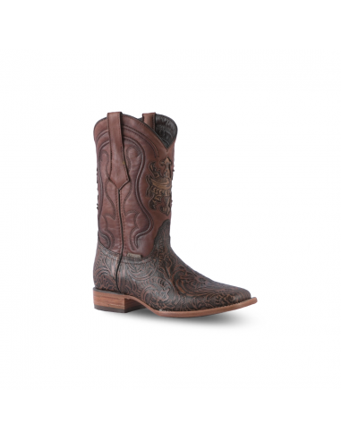 Texas Country Western Boot Cincelado Flores Cafe Square Toe E636 Véritable concentré